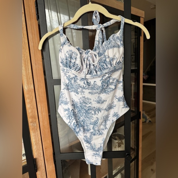 Cider Toile Print one piece swimsuit halter bow ruched de jouy grandmillenial - Picture 3 of 11